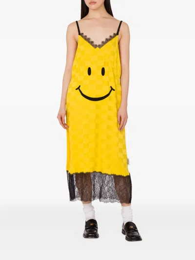 Moschino Smiley Graphic Lace-trimmed Midi Dress In Multi