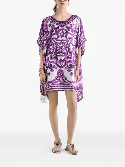 Dolce & Gabbana Kaftano In Twill Stampa Maiolica In Purple