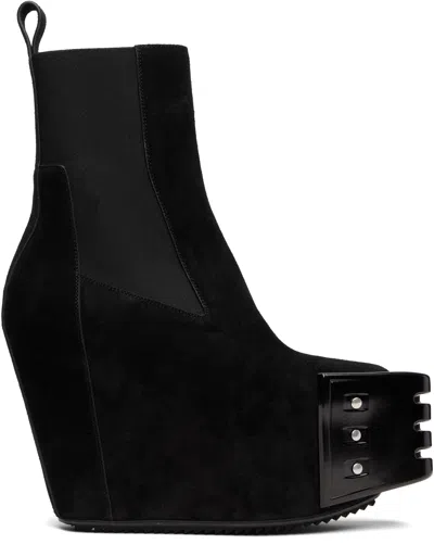 Rick Owens Black Grilled Wedge Beatle Suede Chelsea Boots