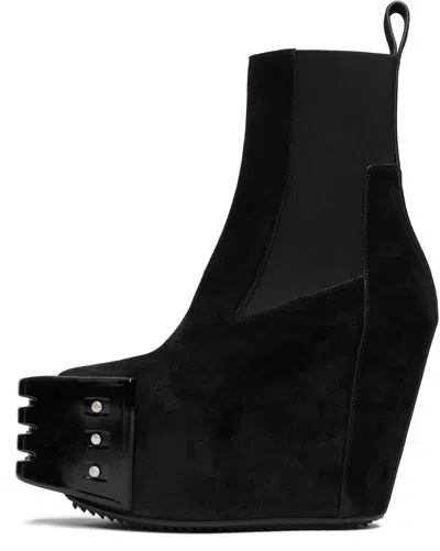Rick Owens Black Grilled Wedge Beatle Suede Chelsea Boots
