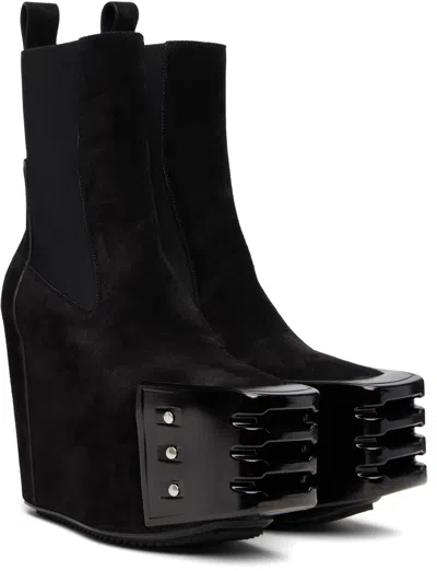Rick Owens Black Grilled Wedge Beatle Suede Chelsea Boots