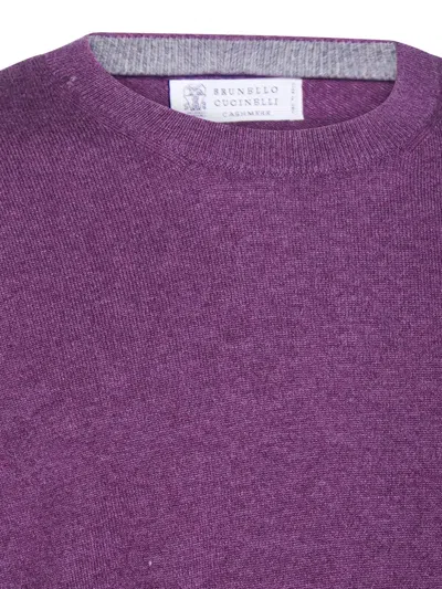 Brunello Cucinelli Soft Texture Crewneck Sweater With Ribbed Cuffs In Purple