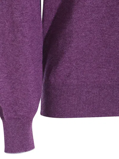 Brunello Cucinelli Soft Texture Crewneck Sweater With Ribbed Cuffs In Purple