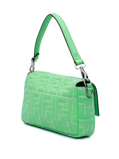 Pre-owned Fendi 2010-2025 Zucca Embossed Stitched Leather Baguette Satchel In Green