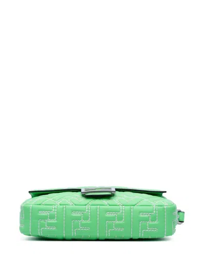 Pre-owned Fendi 2010-2025 Zucca Embossed Stitched Leather Baguette Satchel In Green