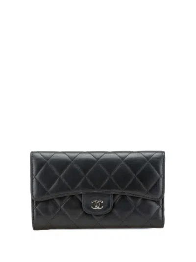 Pre-owned Chanel 2013-2014 Small Cc Quilted Lambskin Flap Wallet Long Wallets In Black