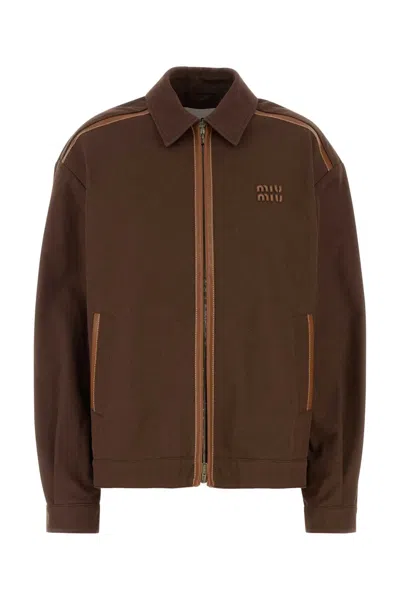 Miu Miu Cotton Jacket With Front Pockets And Contrast Piping In Brown