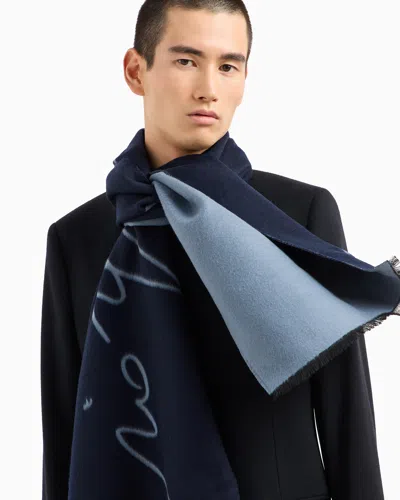Giorgio Armani Two-tone Wool And Silk Scarf With Signature Logo In Black