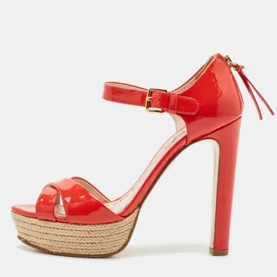 Pre-owned Miu Miu Red Patent Leather Platform Cross Strap Sandals Size 37