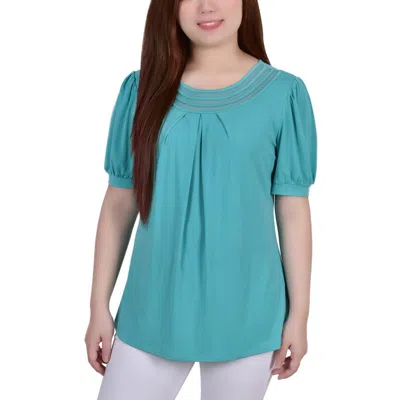 Ny Collection Petites Womens Mesh Inset Pleated Blouse In Blue