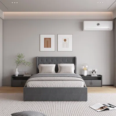 Streamdale Furniture Streamdale Dark Grey Button Tufted Wingback Bed Frame With 4 Drawers