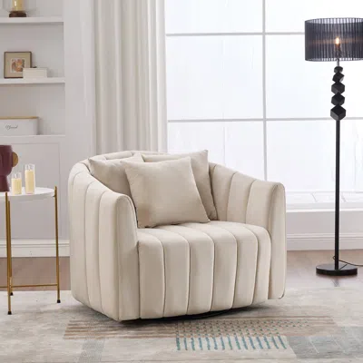 Streamdale Furniture Streamdale Velvet Swivel Barrel Chair & Half Sofa W/ Pillows - Beige