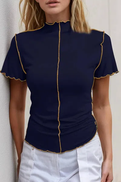 Basic Bae Contrast Trim Mock Neck Short Sleeve T-shirt In Dark Navy