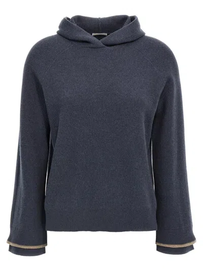 Brunello Cucinelli Ribbed Texture Hooded Sweater With Long Sleeves In Blue