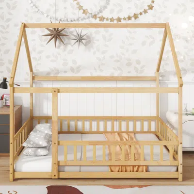 Streamdale Furniture Streamdale Full Size House Floor Wooden Bed With Roof Frame, Safety Guardrails, Natural