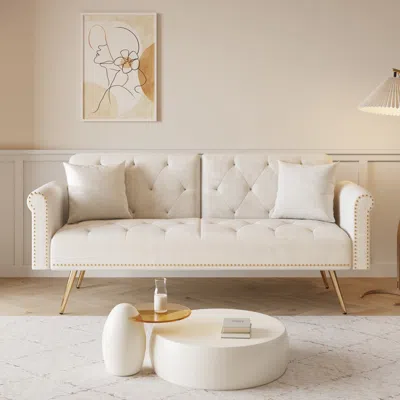 Streamdale Furniture Streamdale Beige Velvet Sofa Bed With Nailhead Trim & Throw Pillow