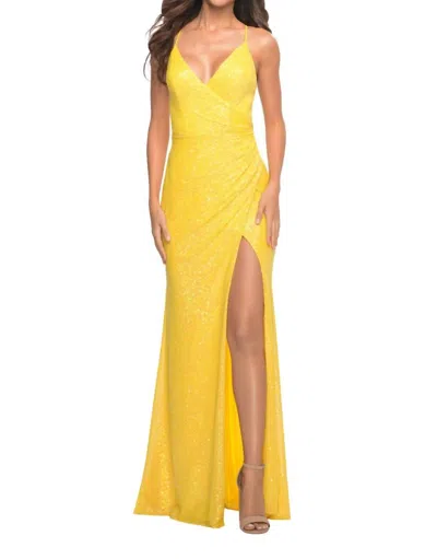 La Femme Sparkly High Slit Gown In Yellow