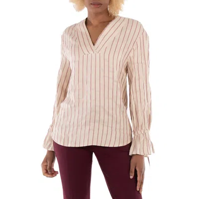 Benjamin Benmoyal Ladies Beige Stiped Linen V Collar Shirt In Neutral