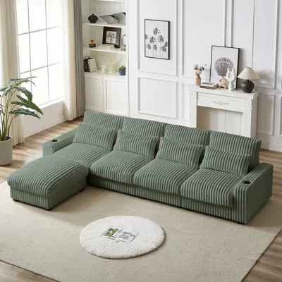 Streamdale Furniture Streamdale Corduroy L-shaped Sofa W/ Cup Holder, Usb, Pillows