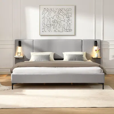 Streamdale Furniture Streamdale Chic Linen Upholstered Bed With Integrated Lights And Shelves, King