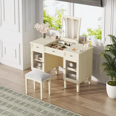 Streamdale Furniture Streamdale Vanity Desk Flip-top Mirror Drawer Cabinet Oak
