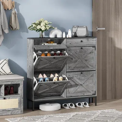 Streamdale Furniture Streamdale Shoe Cabinet, 4 Flip Drawers, Washed Gray