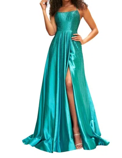 Sherri Hill Scoop Neckline Lace Up Open Back Satin Prom Dress In Jade In Green