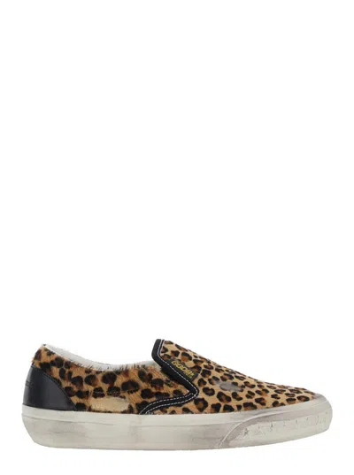 Golden Goose Brown Low Top Sneakers With Embossed Logo On The Heel And All-over Leopard Motif