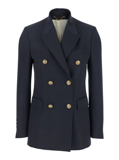 Golden Goose Blue Double-breasted Jacket With Peak Revers And Logo Plaque Detail In On The Rear In Wool Blend Wom In Blue