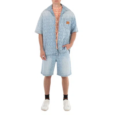 Versace Patterned Mid-rise Denim Shorts With Belt Loops In Blue
