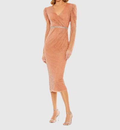 Mac Duggal Beaded Wrap Over Puffsleeve Midi Dress In Copper In Pink