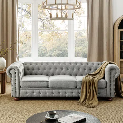 Streamdale Furniture Streamdale Chesterfield Tufted Linen Sofa, Gray