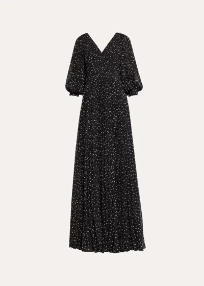 Teri Jon Pleated Polka Dot Chiffon Gown In Black/white