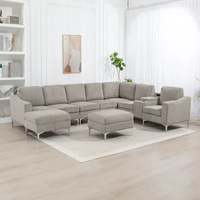 Streamdale Furniture Streamdale Convertible Corduroy Sectional Sofa With Ottoman, Usb, Gray