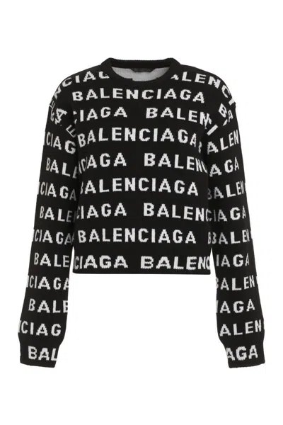 Balenciaga Women Allover Logo Wool Cropped Sweater