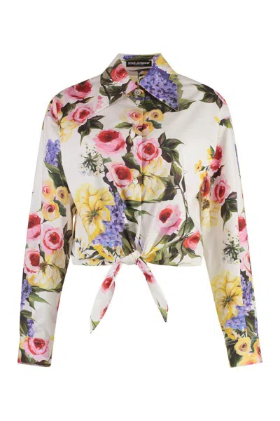 Dolce & Gabbana Floral Print Cropped Poplin Shirt With Front Tie In Multi