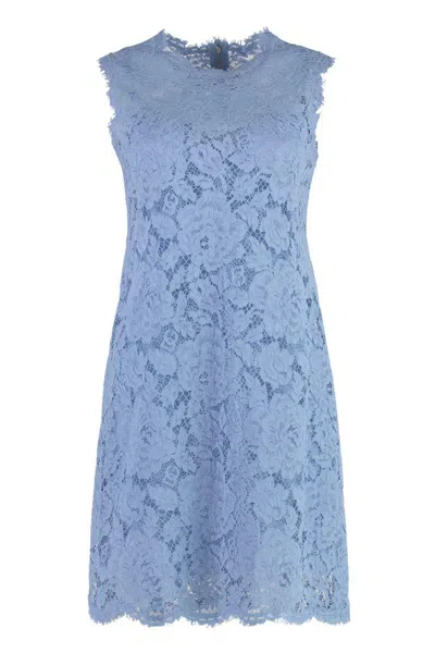 Dolce & Gabbana Light Blue Sleeveless A Line Dress In Floral Dg Lace Woman In Blue