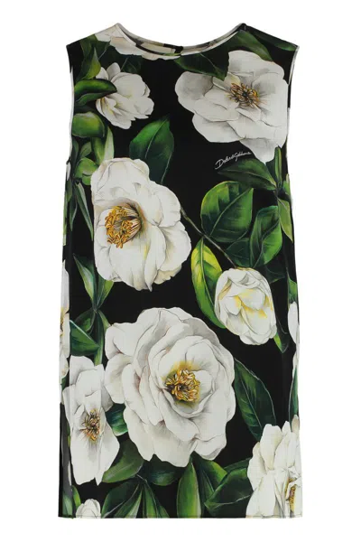 Dolce & Gabbana Black Floral Silk Top In Green