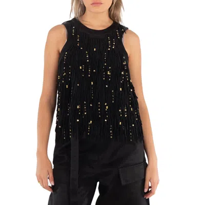 Sacai Ladies Black Beaded Fringe Lace Tank Top In Black