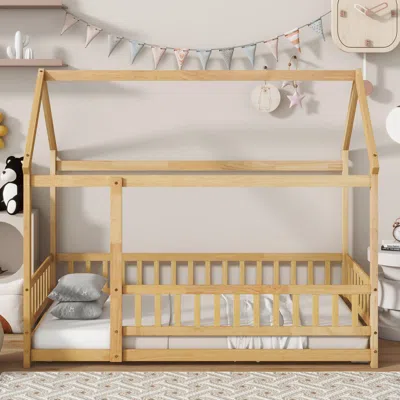 Streamdale Furniture Streamdale Twin Size House Floor Wooden Bed With Roof Frame, Safety Guardrails, Natural