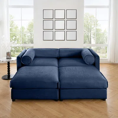Streamdale Furniture Streamdale Blue Chenille 2-seater Sofa With Storage Ottomans