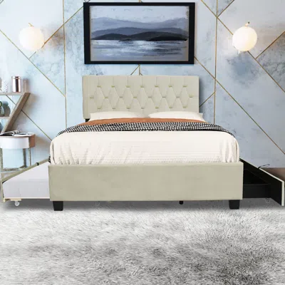 Streamdale Furniture Streamdale Beige Queen Size Trundle Pull Out Drawers Storage Upholstered Bed Modern Design No Box Sp