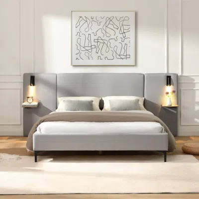 Streamdale Furniture Streamdale Chic Linen Upholstered Bed With Integrated Lights And Shelves, Queen
