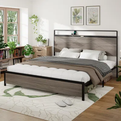Streamdale Furniture Streamdale King Wooden Bed Frame Led Usb Storage Grey