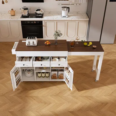 Streamdale Furniture Streamdale 74.8" Kitchen Island W/ Extendable Table & Outlet - Rolling Cart, White