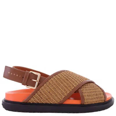 Marni Crossover Fussbett Sandal In Raffia Effect Fabric And Leather