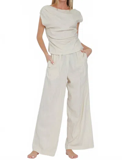 Aakaa Off Shoulder Top & High Waisted Long Pants Set In Oatmeal In White