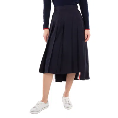 Thom Browne Ladies Navy Twill Pleated Midi Skirt