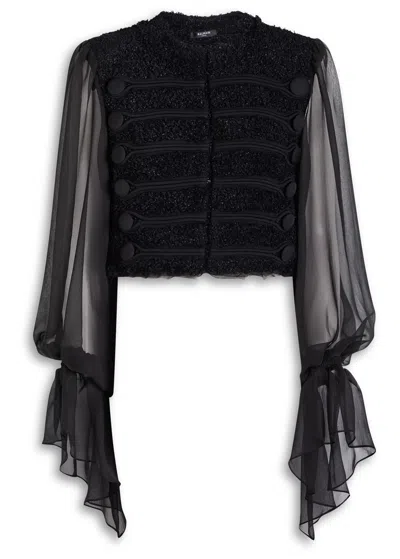 Balmain Edge-to-edge Tweed And Chiffon Jacket