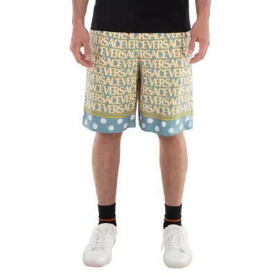 Versace Silk Bermuda Shorts With All-over Logo In Neutral